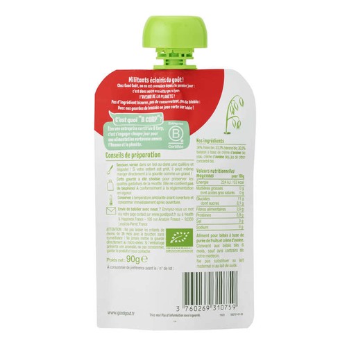 [Par Naturalia] Good Goût Gourde Brassé Végétal Avoine, Fraise Et Banane 6M Bio 90g