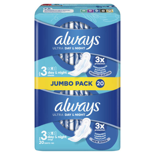 Always ultra serviettes day & night (taille 3) ailettes 20 serviettes