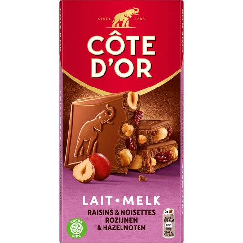 Côte D'Or Tablette Chocolat Au Lait Raisins Et Noisettes Entières 180g