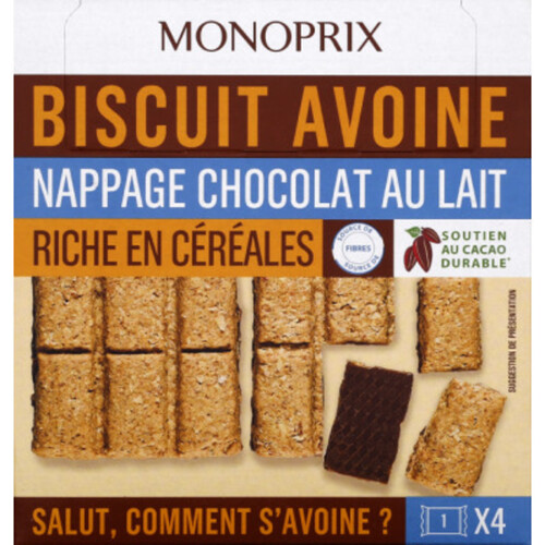 Monoprix Biscuits Avoine Nappage Chocolat Au Lait X4 136G