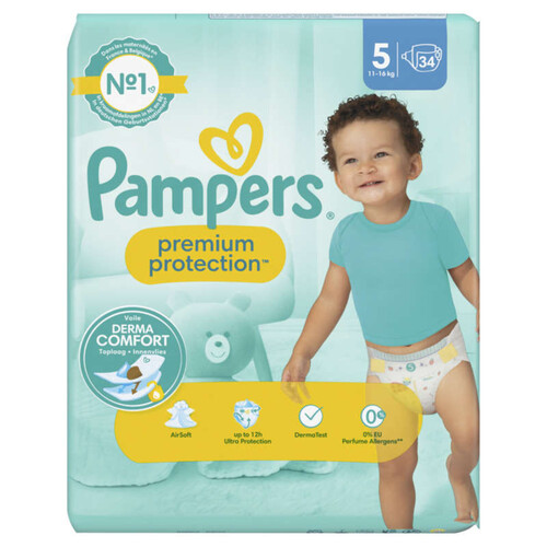 Pampers premium protection taille 5, couches x34, 11kg - 16kg
