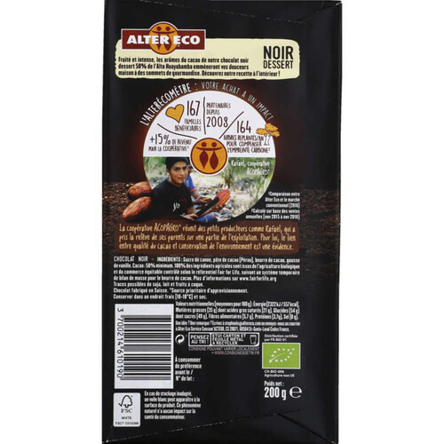 Alter Eco Chocolat Noir Dessert Bio 200g