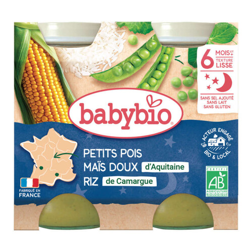 Babybio Petits pots maïs riz, petits pois, dès 6 mois, bio 2x200g