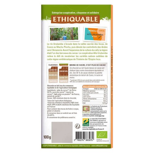 Ethiquable Tablette de chocolat au Lait Pérou 56% Bio 100g