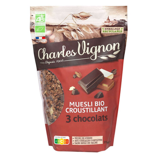 Charles Vignon Muesli Bio Croustillant 3 Chocolats 375G