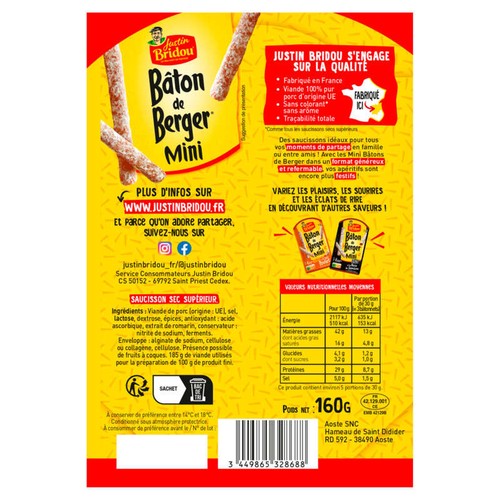 Justin Bridou Mini Bâton Saucisson Sec Nature Sachet x15 160g