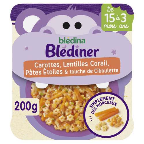 Blédina Petit Plat Morceaux à dévorer Carottes, Lentilles Corail, Pâtes Etoiles & touche de ciboulette de 15 mois à 3 ans 200g