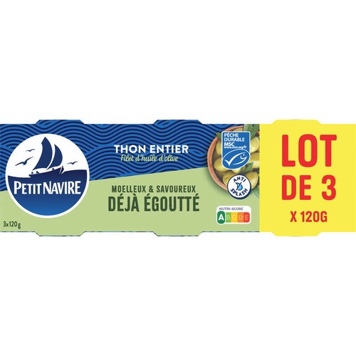 Petit Navire Thon entier Filet d'huile d'olive déjà Égoutté MSC 3x120g