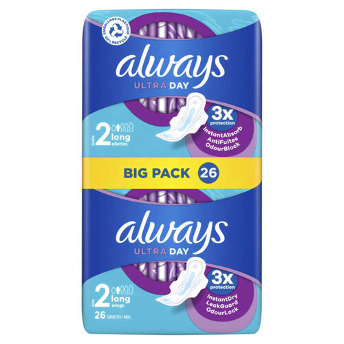 Always ultra serviettes long taille 2 ailettes x26 serviettes