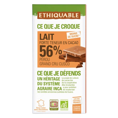 Ethiquable Tablette de chocolat au Lait Pérou 56% Bio 100g