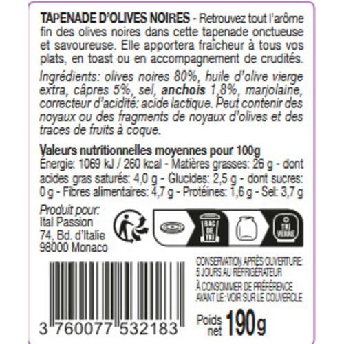 Florelli Les tartinables Tapenade d'olive noires 190g 