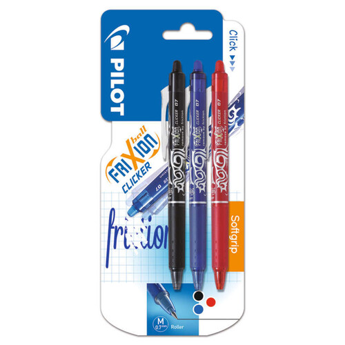 Pilot 3 stylos effaçables FriXion Ball Clicker noir bleu rouge