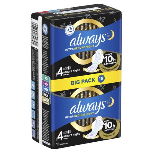 Always Ultra Serviettes secure night taille 4 ailettes x18