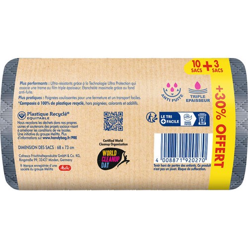 Handy Bag Sacs poubelle poignées coulissantes Ultra Résistant 100% plastique recyclé 10x50L + 30% Offert