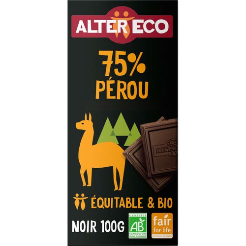 Alter Eco Chocolat Noir Pérou 75% Bio 100g 