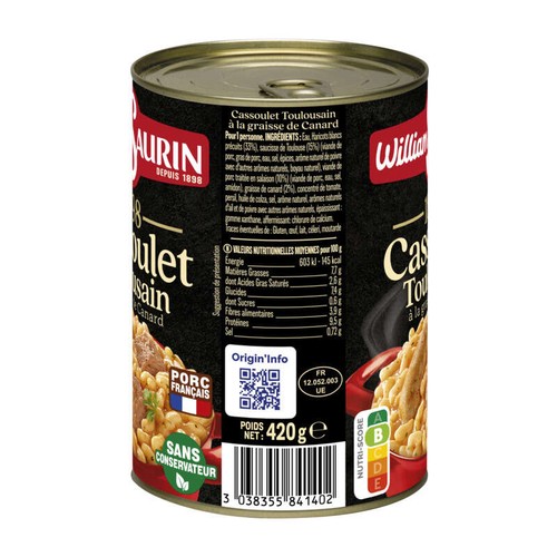 William Saurin Cassoulet Toulousain à la graisse d'oie 420g