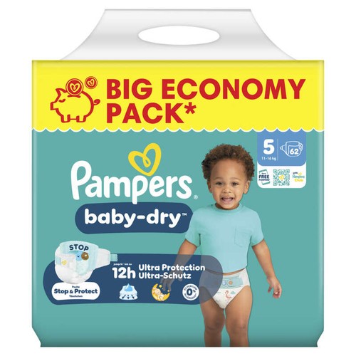 Pampers Baby-Dry Taille 5, 11kg-16kg, 62 Couches