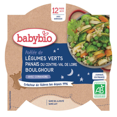 Babybio Assiette Bonne Nuit Poêlée de Légumes Verts Panais Boulghour à La Coriandre 230g
