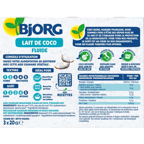 Bjorg Lait De Coco Fluide, Pauvre En Sel Bio 3x200ml