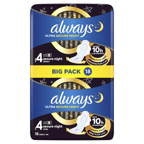 Always ultra serviettes secure night taille 4 ailettes x18