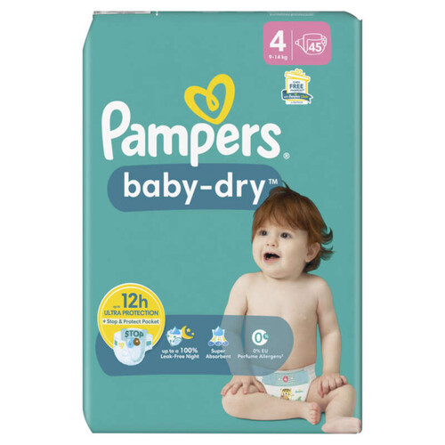 Pampers Baby-Dry Taille 4, 45 Couches, 9kg-14kg