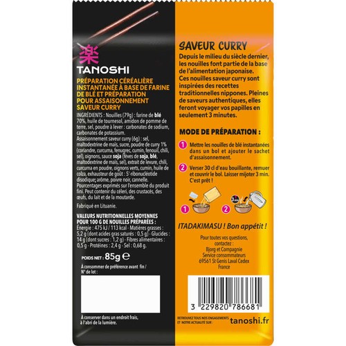 Tien Shan Nouilles De Blé Instantanées Asiatiques Saveur Curry 85g