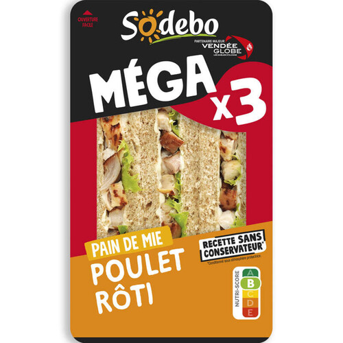 Sodebo Sandwich Méga club complet poulet rôti mayo légère 230g