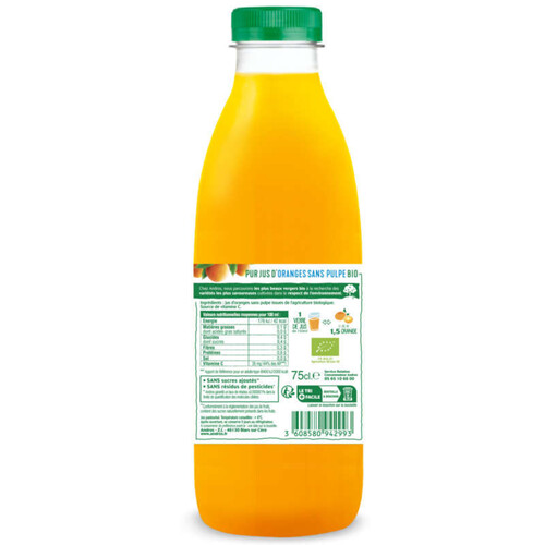 Andros 100% pur jus d'oranges sans pulpe pressées Bio 75cl