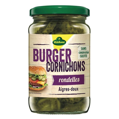 Kühne burger cornichons rondelles aigres doux 185g