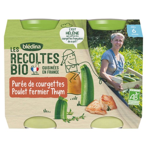 Blédina Purée de Courgettes, Poulet Fermier, Thym, dès 6 Mois, Bio 2x200g