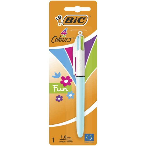 Bic Fun Stylo-Bille 4 Couleurs Fantaisie Assorties Rétractables Pointe Moyenne 1,0mm