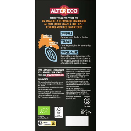 Alter Eco Chocolat Noir République Dominicaine 80% Bio 100g