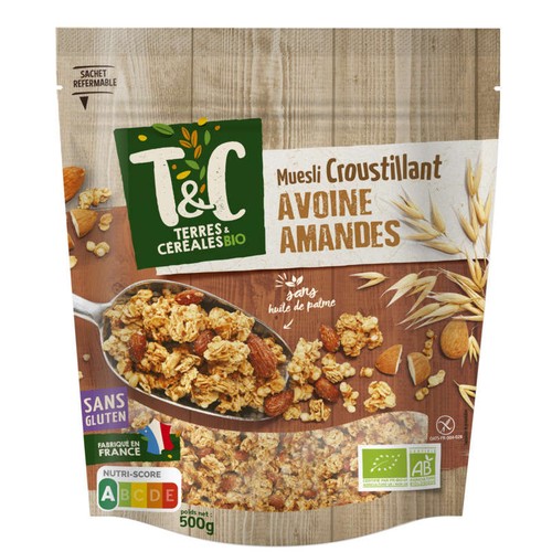 Terres Et Céréales Muesli Croustillant Avoine Amandes Sans Gluten Bio 500g