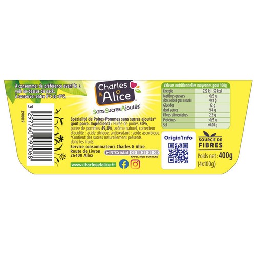 Charles & Alice Desserts Pommes & Poires Williams sans sucres ajoutés 4x100g