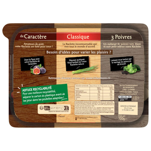 RichesMonts Plateau Raclette 3 Poivres, Classique, de Caractère 700g