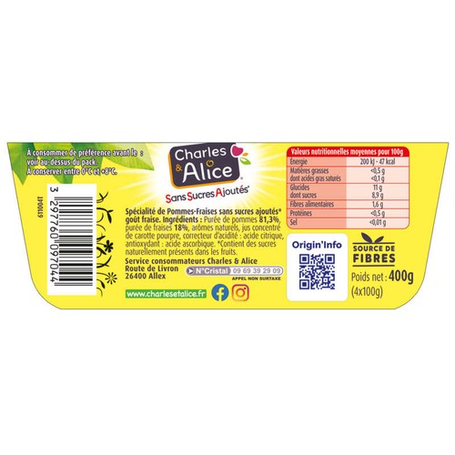 Charles & Alice Compote Pommes Fraises Sans Sucres Ajoutés 4x100g