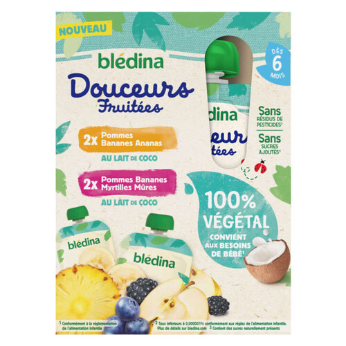 Blédina Gourdes Fruits Douceurs Fruitées Bananes Ananas/Bananes Myrtilles mûres dès 6 Mois 4 x 90g