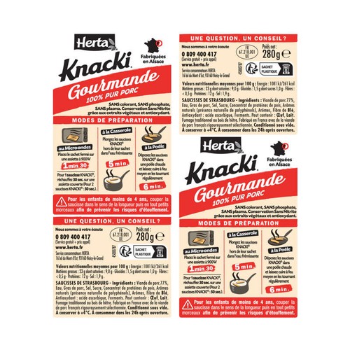 Herta knacki gourmande saucisses porc x4 280g