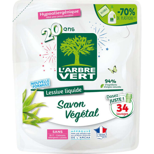 L'Arbre Vert recharge lessive savon végétal x34 lavages - 1.53L