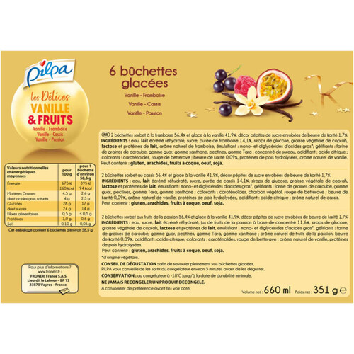 Pilpa Bûchettes Glacées Les Délices Vanille & Fruit x6 351g