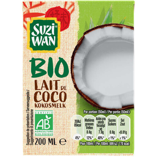 Suzi Wan Lait de Coco Bio 200ml.