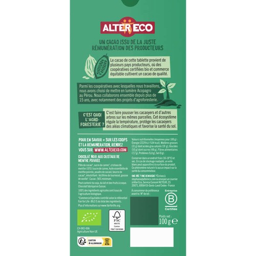 Alter Eco Chocolat Noir aux Éclats de Menthe Bio 100g