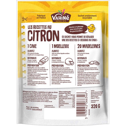 Vahiné Préparation 3 en 1 au citron 320g