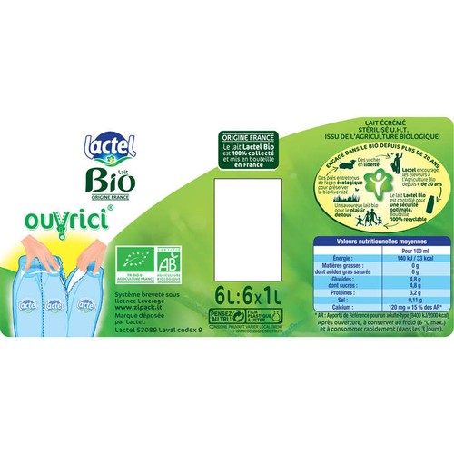 Lactel Lait Écrémé Bio 6x1L