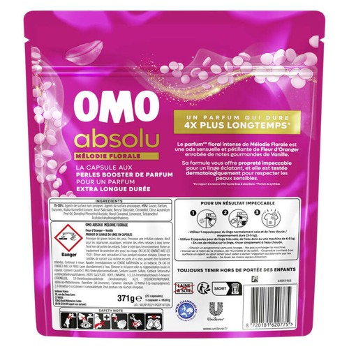 Omo Absolu Lessive Capsules Perles parfumées Fleurs d'Oranger 22 Lavages 371g