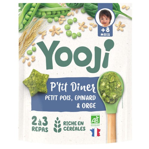 Yooji P'tit diner Petit pois, épinards et orge Bio et surgelées dès 8 mois - 300g