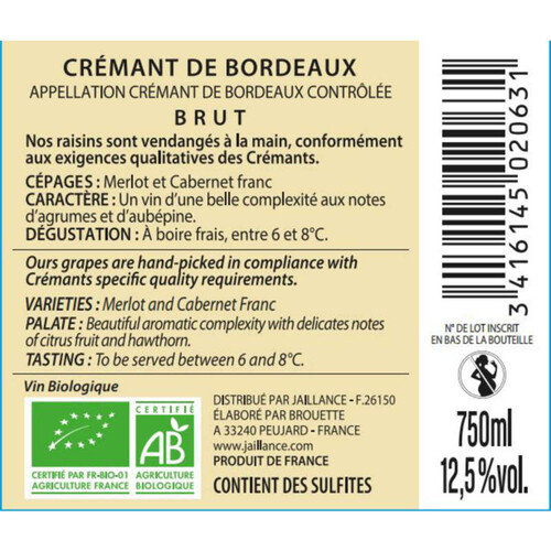 Jaillance Crémant De Bordeaux Bio 75 Cl