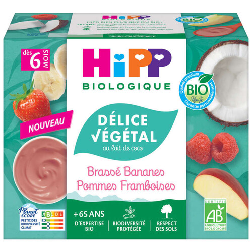 Hipp Biologique Délice Végétal Brassé Végétal Bananes Pommes Framboises Bio Coupelles Dès 6 Mois 4x100g