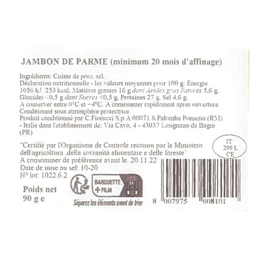 Fiorucci Jambon De Parme, 20 Mois D'Affinage