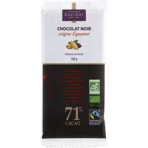 Monoprix Gourmet Chocolat Noir Origine Equateur, Intense & Floral, 71% De Cacao Bio 100G
